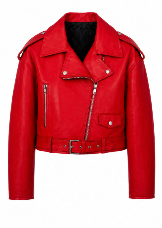 Biker Cropped Giacca da Donna in Pelle Rossa